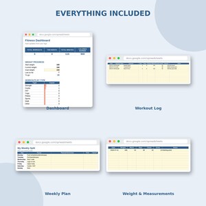 May include: A digital fitness dashboard template featuring four distinct spreadsheet views: a main dashboard with workout totals, a workout log, a weekly training split schedule, and a weight and body measurement tracker, all displayed with blue headers.