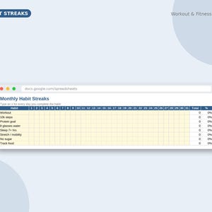 May include: A digital monthly habit streaks and workout fitness tracker spreadsheet. The interface displays a grid with rows for habits like workout, 10k steps, and protein goal, and columns numbered 1 through 31 for daily tracking with total and percentage columns.