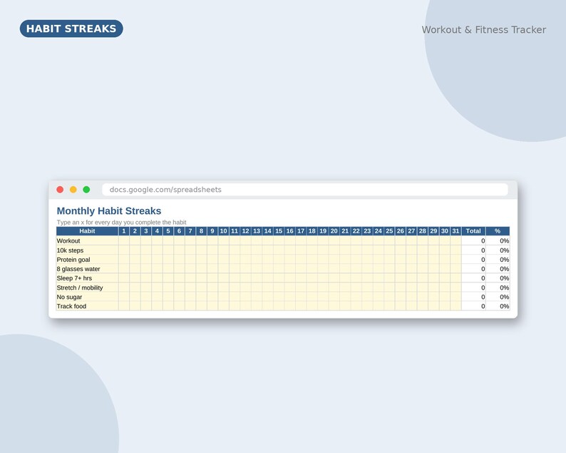 May include: A digital monthly habit streaks and workout fitness tracker spreadsheet. The interface displays a grid with rows for habits like workout, 10k steps, and protein goal, and columns numbered 1 through 31 for daily tracking with total and percentage columns.