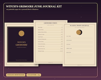 Printable Witch Grimoire Junk Journal Kit | 105 Pages, Book of Shadows, Moon Phase Journal, Apothecary Labels, Digital Download