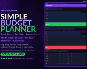 Simple Budget Planner Dark Mode | Monthly Budget Spreadsheet Google Sheets, Bill Tracker, Expense Tracker, Beginner Budget Template