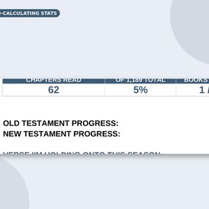 May include: A digital tracker interface titled AUTO-CALCULATING STATS. It displays a table with columns for CHAPTERS READ, OF 1,189 TOTAL, and BOOKS FINISHED. Below, it lists OLD TESTAMENT PROGRESS, NEW TESTAMENT PROGRESS, and VERSE I'M HOLDING ONTO THIS SEASON.
