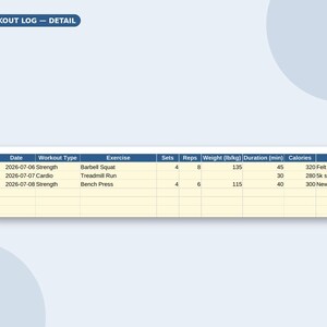 May include: A workout log table with a blue header labeled WORKOUT LOG - DETAIL. The table includes columns for date, workout type, exercise, sets, reps, weight in lb/kg, duration in minutes, and calories, with three rows of recorded data.