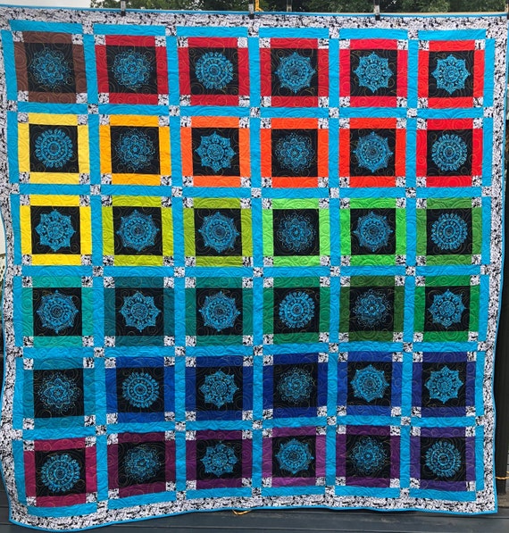 King Size Quilt - Turquoise Lace Mandalas - ROYGBIV Frames - Turquoise Sashing