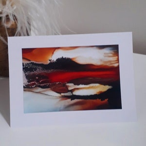 Tarjeta de tinta con alcohol de paisaje volcánico, tarjeta de arte abstracto, paisaje abstracto con tinta con alcohol, tarjeta de felicitación con tinta con alcohol, tarjeta de felicitación hecha a mano
