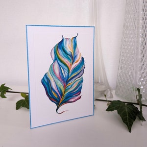 Federblatt-Grußkarte, hübsche Geburtstagskarte, handgemachte Blattkarte, bunte Federkarte, Kunst-Grußkarte, Natur inspirierte Geschenkkarte