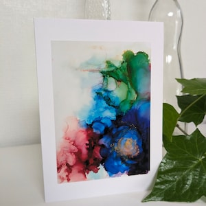 Tarjeta con tinta de alcohol, tarjeta con arte de rosa azul, tarjeta con arte de flores con tinta de alcohol, arte abstracto de flores con tinta de alcohol, tarjeta de felicitación con flores de colores