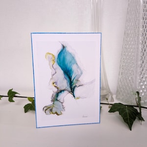 Card with wispy leaf flower designs, Flower art card, abstract flower card, Turquoise Flower Greeting Card Handmade, Painted Flower card