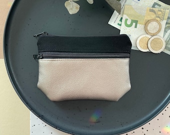 Geldbörse klein schwarz hellbraun 2 Fächer mit Reißverschluss Geldbeutel Stoff Kunstleder Handmade Portemonnaie Geschenk Brieftasche MALTE