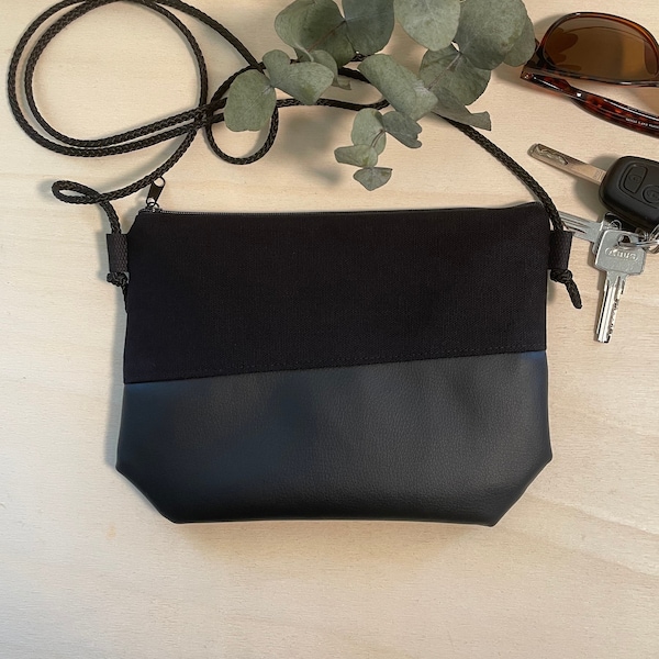 Umhängetasche mit Kordel kleine Handtasche black vegan Partytasche Canvas Kunstleder Clutch Handmade Geschenk Schultertasche Festival LENJA