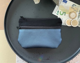 Geldbörse klein schwarz blau 2 Fächer mit Reißverschluss Geldbeutel Stoff Kunstleder Handmade Portemonnaie Geschenk Brieftasche Börse MALTE