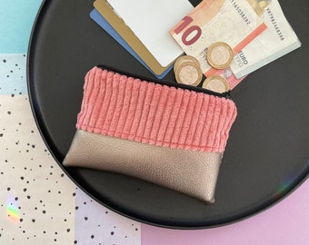 kleine Geldbörse mit Kartenfach altrosa karamell Mini-Geldbeutel + Reißverschluss Cord Kunstleder vegan Handmade Geschenk Portemonnaie MIKA