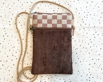 Crossbody phone bag • Mini shoulder bag with checkerboard design • Small smartphone bag • Chest bag with strap • Festival bag