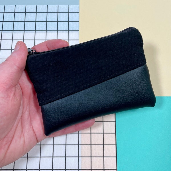 small wallet with card compartment black mini wallet with zipper canvas faux leather vegan handmade gift wallet MIKA