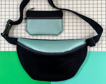 Bauchtasche mit Innenfach schwarz-mintgrün Umhängetasche vegan Kunstleder Canvas Gürteltasche zwei Reißverschlüsse Hipbag Festival YUNUS