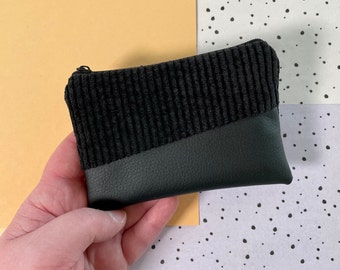 kleine Geldbörse mit Kartenfach schwarz Mini-Geldbeutel mit Reißverschluss Cord Kunstleder vegan Handmade Geschenk Portemonnaie MIKA