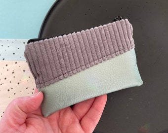 kleine Geldbörse mit Kartenfach grau mint Mini-Geldbeutel mit Reißverschluss Cord Kunstleder vegan Handmade Geschenk Portemonnaie MIKA