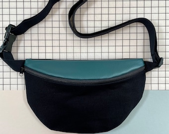 Bauchtasche mit Innenfach schwarz-dunkelgrün Umhängetasche vegan Kunstleder Canvas Gürteltasche zwei Reißverschlüsse Hipbag Festival YUNUS