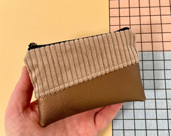kleine Geldbörse mit Kartenfach beige/braun Mini-Geldbeutel mit Reißverschluss Cord Kunstleder vegan Handmade Geschenk Portemonnaie MIKA