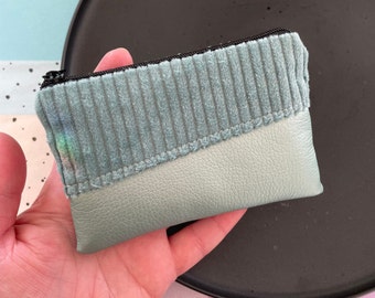 kleine Geldbörse mit Kartenfach mintgrün Mini-Geldbeutel mit Reißverschluss Cord Kunstleder vegan Handmade Geschenk Portemonnaie MIKA