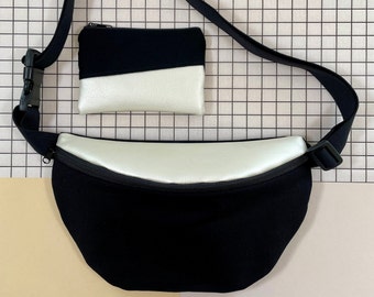 Bauchtasche mit Innenfach schwarz-creme Umhängetasche vegan Kunstleder Canvas Gürteltasche zwei Reißverschlüsse Hipbag Festival YUNUS