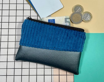 kleine Geldbörse mit Kartenfach blau/grau Mini-Geldbeutel mit Reißverschluss Cord Kunstleder vegan Handmade Geschenk Portemonnaie MIKA