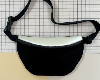 Bum bag black-cream with inner compartment shoulder bag festival vegan faux leather canvas small belt bag two zippers hip bag