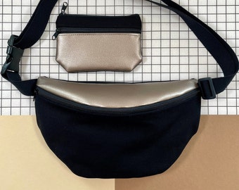 Bauchtasche mit Innenfach schwarz-karamell Umhängetasche vegan Kunstleder Canvas Gürteltasche zwei Reißverschlüsse Hipbag Festival YUNUS