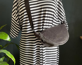 Half moon bag Cord Moonbag dark grey handbag strap adjustable Handmade shoulder bag semi-circular crossbody bag + inner compartment wunnermooi NATI