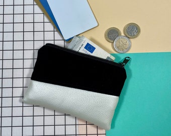 kleine Geldbörse mit Kartenfach schwarz/creme Mini-Geldbeutel mit Reißverschluss Canvas Kunstleder vegan Handmade Geschenk Portemonnaie MIKA
