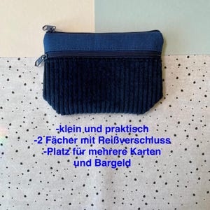 Kleiner Geldbeutel Cord Stoff blau Geldbörse zwei Fächer Portemonnaie mit Kartenfach Geldfach handgemachtes Geschenk veganes Portmonee Malte