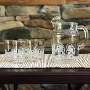 Federal Glass Co Pitcher Set | 6 piece set | White Floral Gold Band