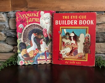 Dos Vintage 1940's Childrens Book / Around the Farm / The Eye Cue Builder Book / Whitman Publishing