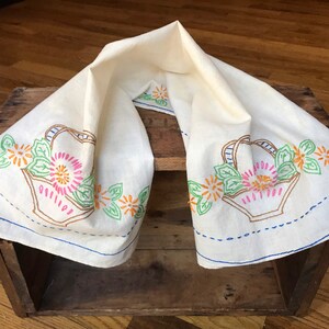 Feedsack Vintage Scarf | Hand Stitched | Flower Basket | Pink Green Blue
