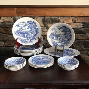 60’s Countyside Wedgwood | Dinner Plates | Salad | Berry Bowl | Veg Platter| | Ironstone | Blue White
