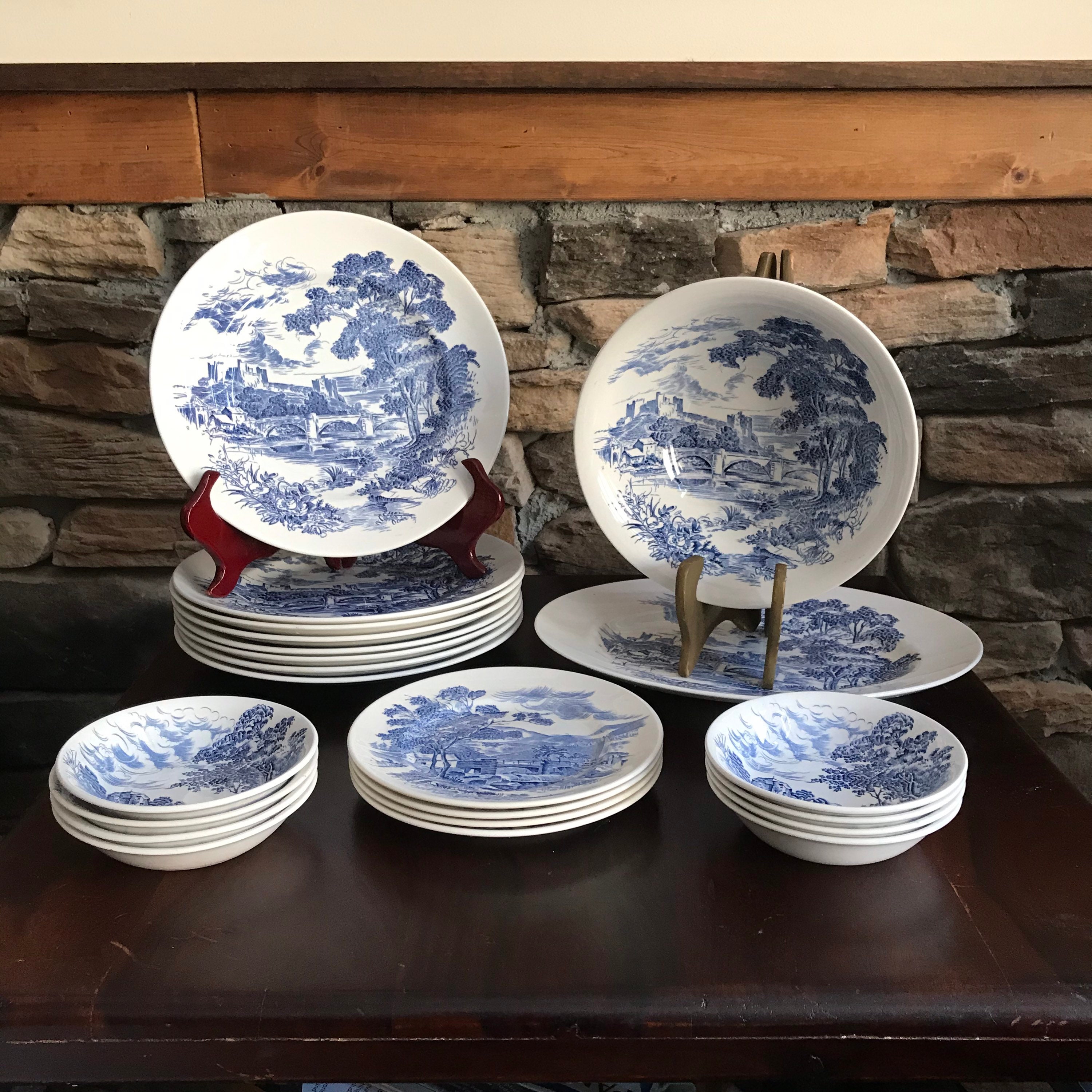 60’s Countyside Wedgwood | Dinner Plates | Salad | Berry Bowl | Veg Platter| | Ironstone | Blue White
