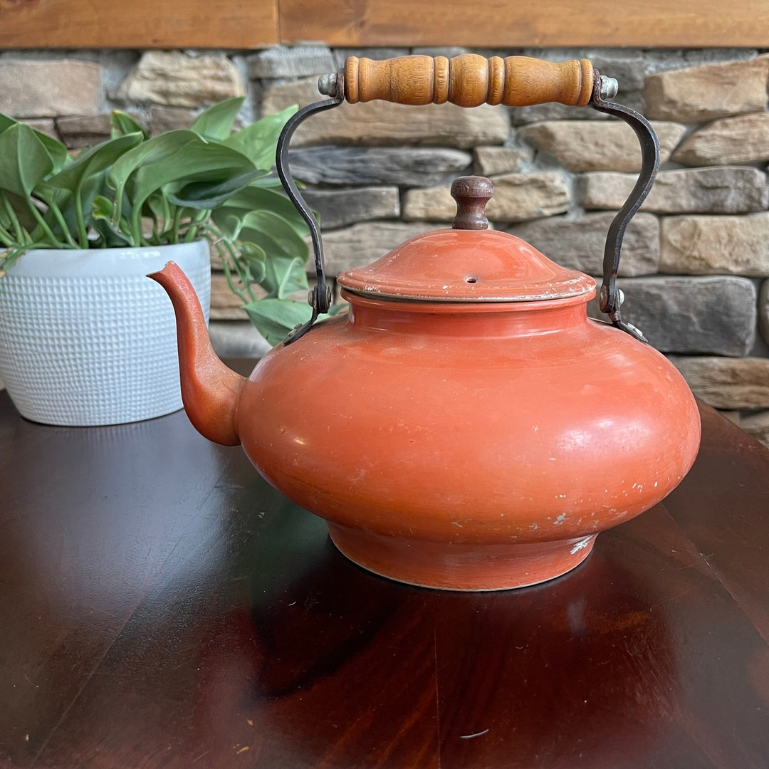 Vintage Enamel Tea Kettle Wood Handle Tea Pot Metal Etsy