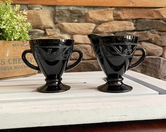 1930er Jahre Hazel Atlas Cloverleaf Black | Sahne und Zucker | Vintage | Depression Glas