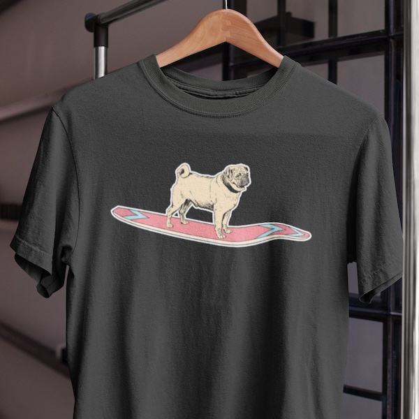 Surfen Pug Dog Short-Sleeve Unisex T-shirt | Natuur buitengeschenk | Retro Vintage Hipster Classic Surfer Tee