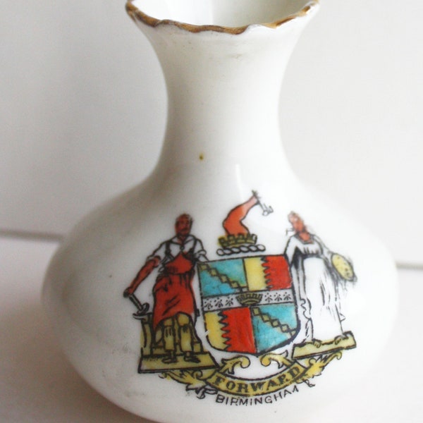 Antique Florentine China Crested Ware Vase Bearing Birmingham City Crest Made In England