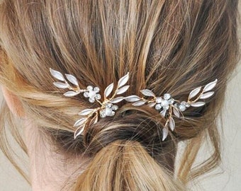 Gold Botanical Hair Pins for Brides x 2 Bridesmaids, Festival and Prom Hair - Hair Jewelley - Brides Pearl & Crystal Flower Hair Accessories