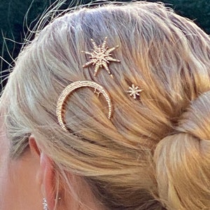 Celestial Hair Clips, Moon and 2 Stars, Silver or Gold Diamante Bling, Boho Wedding Bride Bridesmaids or surprise gift, gifts for her, Boxed