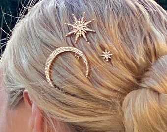 Celestial Hair Clips, Moon and 2 Stars, Gold Metal with Diamante Bling, Boho Wedding Bride or Bridesmaids