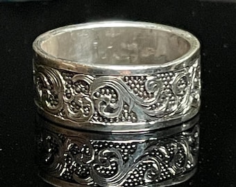 Unique Hand-Engraved Argentium Silver Floral Scroll Ring with Beaded Background
