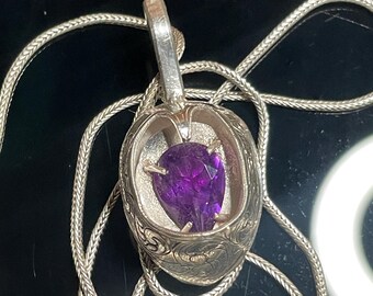 Argentium Armor- Gorget of Valor- Hand-Engraved Argentium Silver Amethyst Pendant