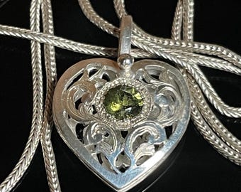 Heart Chakra- Hand-Engraved Argentium Silver Moldavite Pendant
