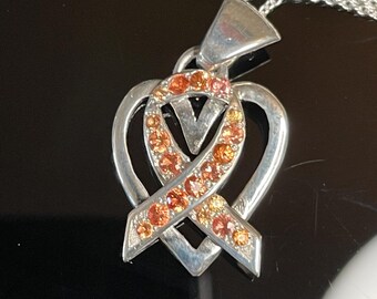 Handmade Cancer Awareness Ribbon Pendant, Sterling Silver Heart Charm