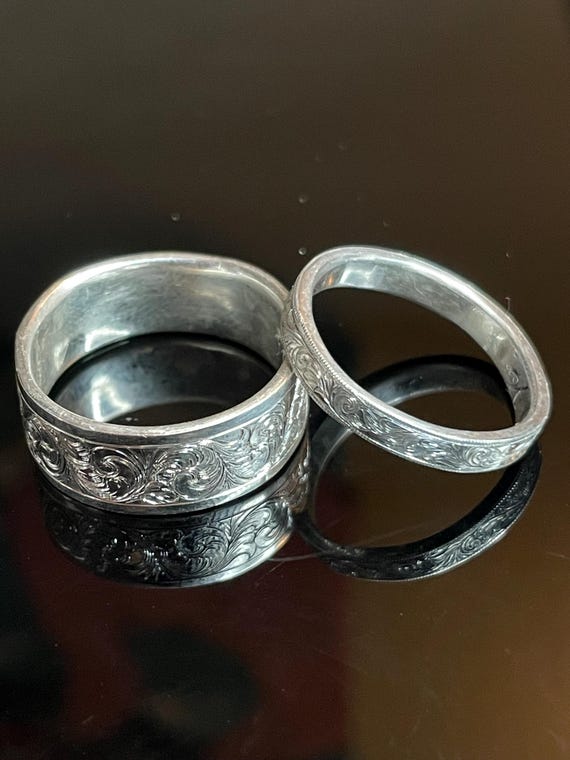 One Unique Hand-Engraved Argentium Silver Floral Scroll Ring