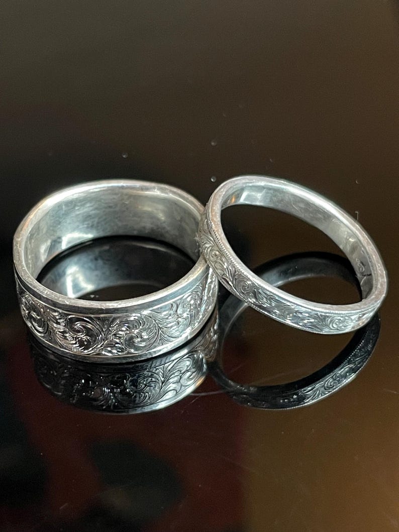 One(1) Unique Hand-Engraved Argentium Silver Floral Scroll Ring image 4