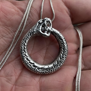 May include: A silver pendant necklace with an ouroboros design, a snake eating its own tail, representing infinity. The pendant has textured scales and hangs from a fine chain.